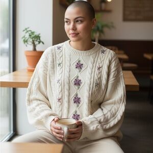 Vintage Tulchan Floral Embroidered Sweater Cable Cotton Cream X-Large